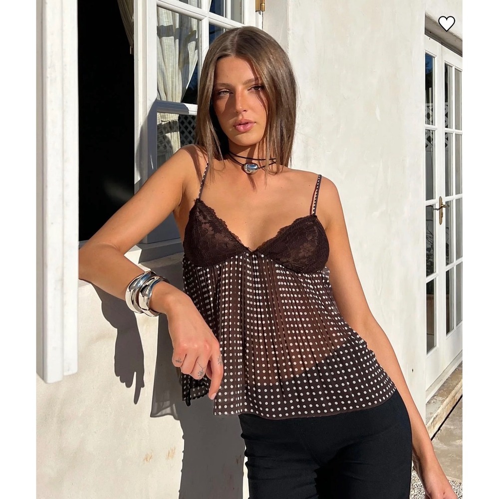 Princess Polly Brown Polka Dot Lace Trim Pleated Cami Top Sheer Y2K Size US 2